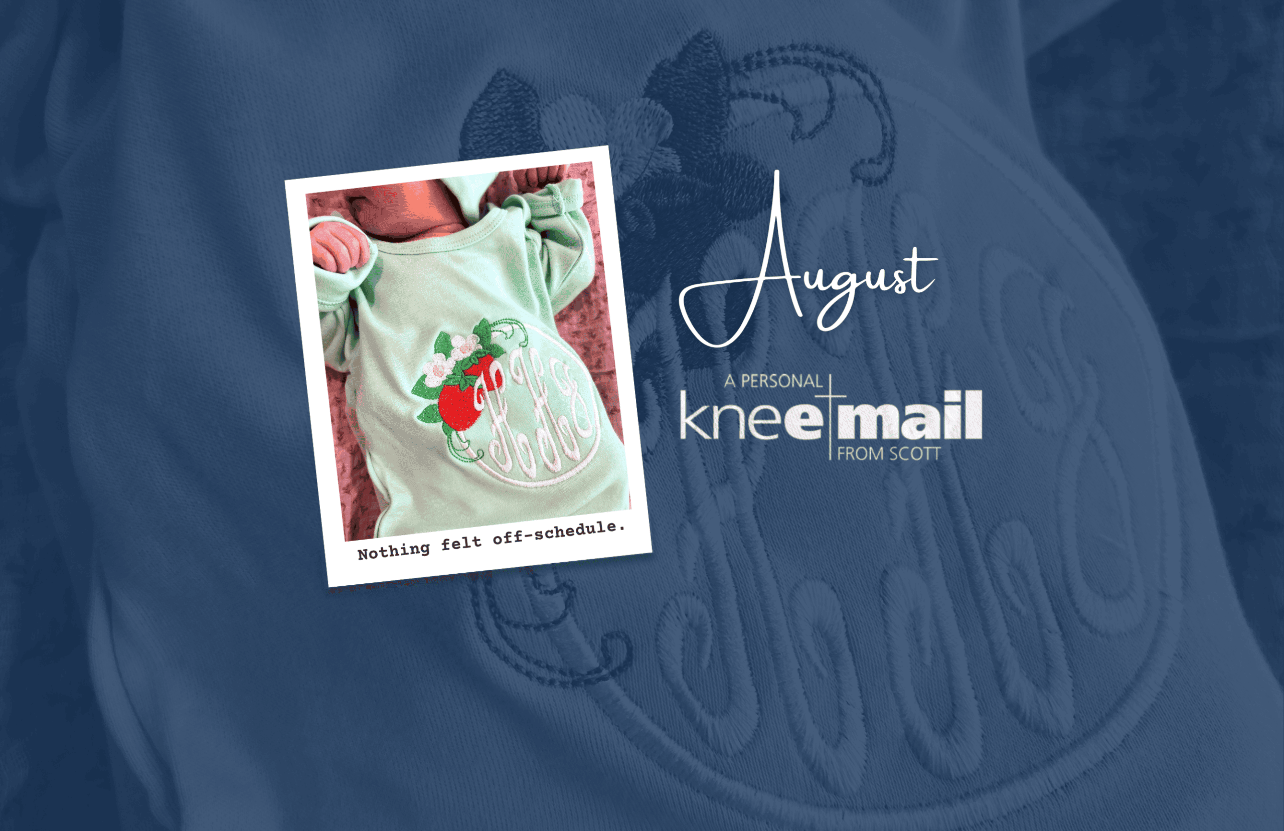 “Newborn baby wearing a mint green outfit with embroidered strawberries and the words ‘Berry Sweet,’ featured in a playful motherhood lifestyle graphic with the message ‘Nothing felt off-schedule.
